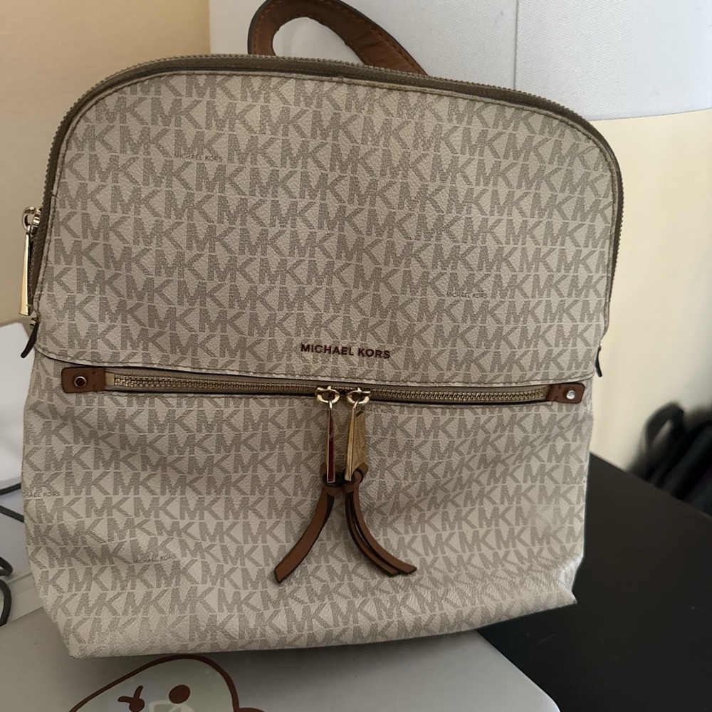 Michael Kors Cream and Brown Backpack with Monogram Design